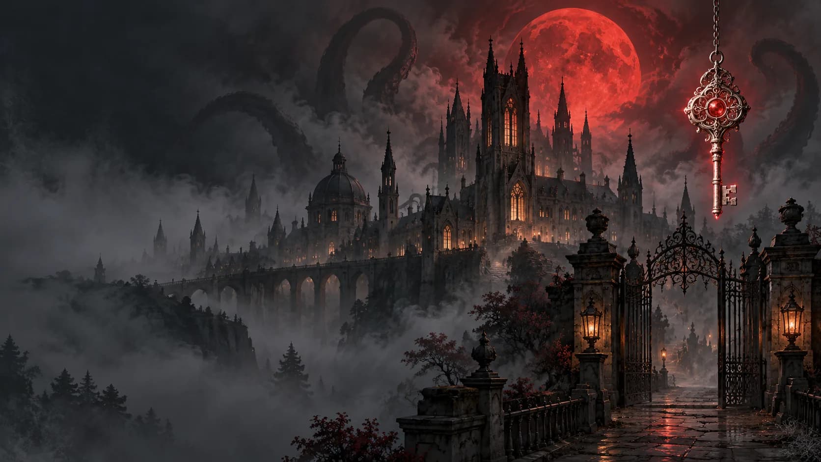 Original illustration of a misty gothic university gate under a crimson moon, with a silver key and faint tentacle shapes in the fog.